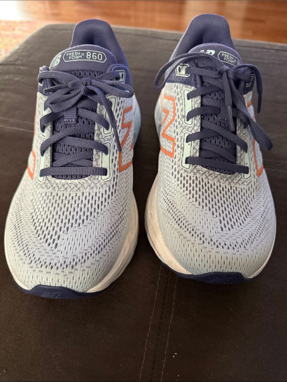 New Balance 860 Running Sneakers in Light Gray, Navy & Coral